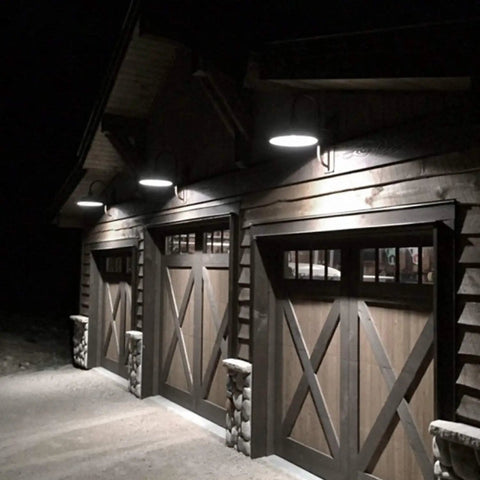 Two Pack 14 Inch Barn Light Outdoor Dusk To Dawn With Photocell, 42W 4200LM 5000K Farmhouse Porch And Doorway Lighting on garage