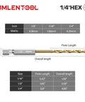 Diagram showing dimensions of a titanium-coated HSS drill bit, 13 Piece Titanium Coated HSS Drill Bit Set With 1 Eighth Inch Twist Hex Shank Pro Grade Quick Change, 135 Degree Tips, Impact Driver Bits For Wood Metal Plastic, Self Centering And Fast Cutting