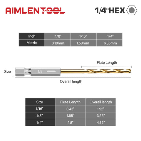 Diagram showing dimensions of a titanium-coated HSS drill bit, 13 Piece Titanium Coated HSS Drill Bit Set With 1 Eighth Inch Twist Hex Shank Pro Grade Quick Change, 135 Degree Tips, Impact Driver Bits For Wood Metal Plastic, Self Centering And Fast Cutting