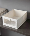 Heavy Duty Cotton Linen Foldable Storage Bins Stackable Closet Organizers on shelf with clear view window for clothes.