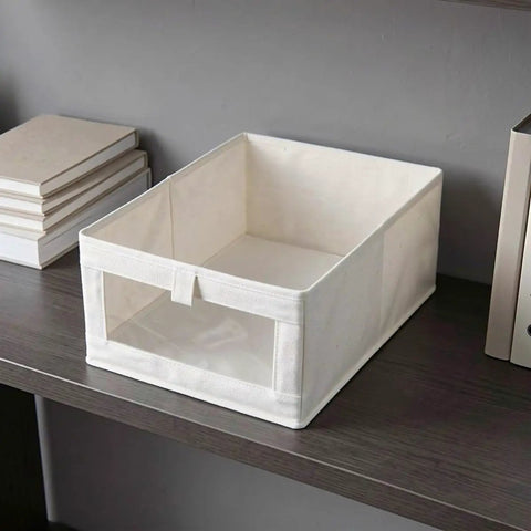 Heavy Duty Cotton Linen Foldable Storage Bins Stackable Closet Organizers on shelf with clear view window for clothes.