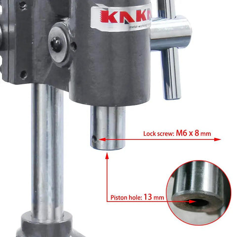 Close-up of Arbor Press 2-Ton Beefy Manual Press for Bearing Installation, showing lock screw M6 x 8 mm and piston hole 13 mm.