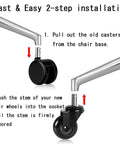 Fast & easy installation steps for Set Of Five Heavy Duty Swivel Caster Wheels For Office Chairs featuring Bone Quiet Rolling PU Treads.