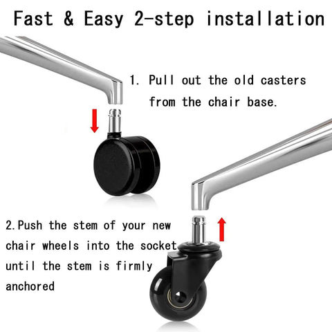 Fast & easy installation steps for Set Of Five Heavy Duty Swivel Caster Wheels For Office Chairs featuring Bone Quiet Rolling PU Treads.