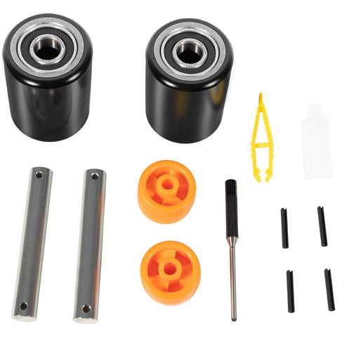 Front Load Pallet Jack Wheels Replacement Kit For PTH50, Pair Front Load Rollers 2.78 By 3.75 Inch, preinstalled bearings and axles.