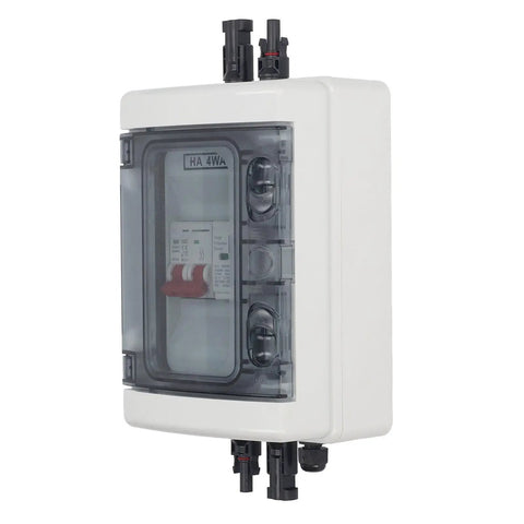 Side view of PV Combiner Box With Built In DC Circuit Breaker 500V 32A 2P For Grid Tied Or Off Grid Solar Systems Photovoltaic Power Setup