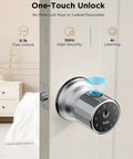 Big Time Smart Door Knobs Deliver Lightning Fast 0.3 Second Fingerprint Login And App Controlled Keyless Entry Automated Deadbolt Lock installed on a door.