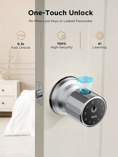 Big Time Smart Door Knobs Deliver Lightning Fast 0.3 Second Fingerprint Login And App Controlled Keyless Entry Automated Deadbolt Lock installed on a door.