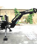 Backhoe Attachment For Tractors With 3 Point Hitch Cat 1 PTO 15 Inch Bucket connected to a small tractor, side view
