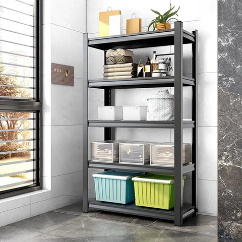 Five Tier Adjustable Metal Shelving Rack With Heavy Duty Storage Shelves For Garage Basement Bedroom Kitchen Holds Two Thousand Pounds Rock Solid Built Different Stack The Gear Easy Peasy Setup in a modern room, featuring towels and bins