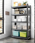No Fuss Adjustable Six Tier Metal Shelving Heavy Duty Rust Proof Utility Rack For Garage Kitchen Bathroom And Living Room, sturdy steel frame with varying storage bins.
