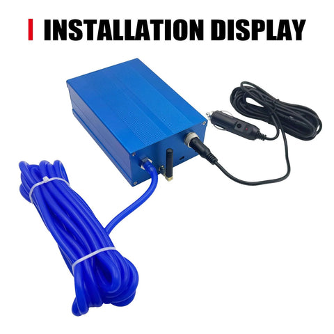 Peastorm Valvetronic exhaust cutout valve controller box kit with blue metal housing, power adaptor, and long blue hose
