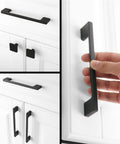 Wide Foot Cabinet Bar Pull In Matte Black 5 Inch 128mm Screw Spacing Solid Metal Hardware, installed on white cabinets
