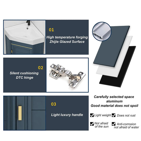 Modern Bathroom Vessel Sink Corner Mounted, 15" Bathroom Vanities Cabinet Sink Combo parts including glazed surface and DTC hinge.
