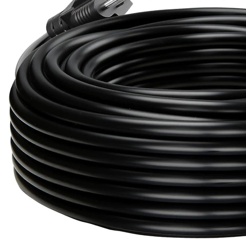 Heavy Duty Outdoor Power Stake With 100 Foot Extension Cord, six socket black electrical cord coiled for outdoor use.