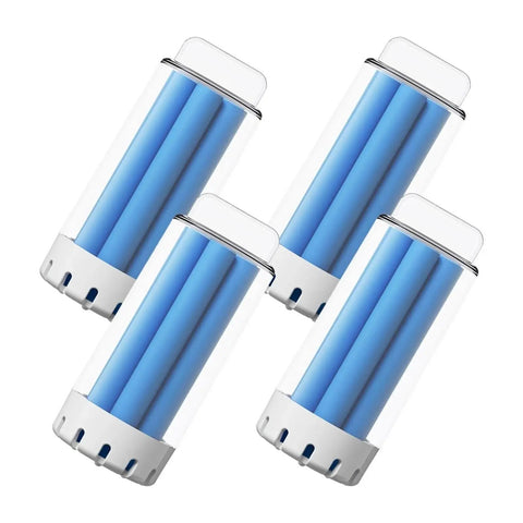 Four blue filter cartridges with white caps for Ultra Absorbent Microfiber Mop Cloths That Trap Dust Hair And Debris For Dry And Wet Mopping.