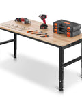 Heavy Duty Adjustable Workbench With 2000 Lb Capacity 61 By 20 Inch Surface Height Adjustable From 27.1 To 36 Inches Built In Power Outlets Perfect For Garage Shop Or Office with tools displayed on oak surface