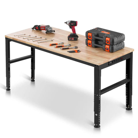 Heavy Duty Adjustable Workbench With 2000 Lb Capacity 61 By 20 Inch Surface Height Adjustable From 27.1 To 36 Inches Built In Power Outlets Perfect For Garage Shop Or Office with tools displayed on oak surface