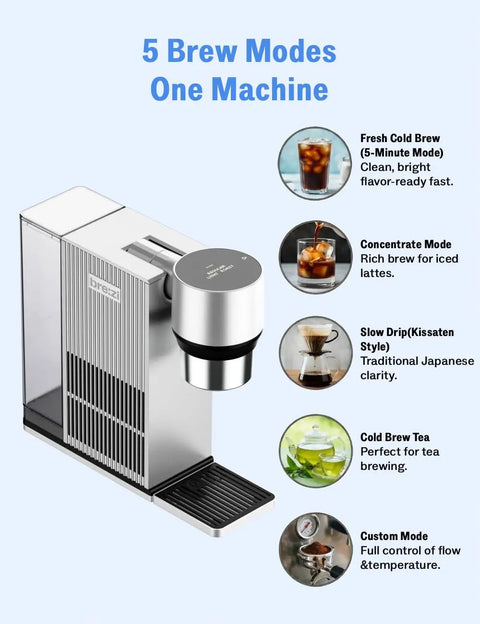 Automatic Cold Brew Coffee Maker Featuring Continuous Drip Extraction, Durable Aluminum Chassis, One Liter Jar, Quick Low Acid Brews For Home And Office, Straight Up Silky Smooth Kick Daily with 5 brew modes.