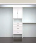 Solid Pure White Closet Organizer Kit With Double Doors And Three Hanging Rods Plus Four Roomy Drawers And Adjustable Heights in a spacious closet.