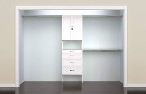 Solid Pure White Closet Organizer Kit With Double Doors And Three Hanging Rods Plus Four Roomy Drawers And Adjustable Heights in a spacious closet.