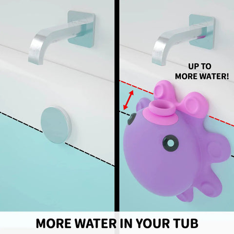 Hot Pink Silicone Bathtub Overflow Drain Cover For A Deeper Soak, octopus design in use on tub, shows increased water level.