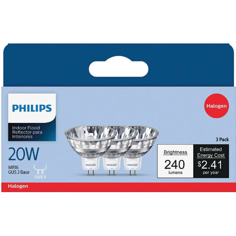 Indoor Flood MR16 20W 12V Light Bulbs Three Pack Dimmable GU Five Point Three Bi Pin Recessed Track Lighting packaging