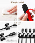Image showing installation and use of Magnetic Cable Holder Six Slot Cable Clips For Under Desk Self Adhesive Wire Organizer Black.