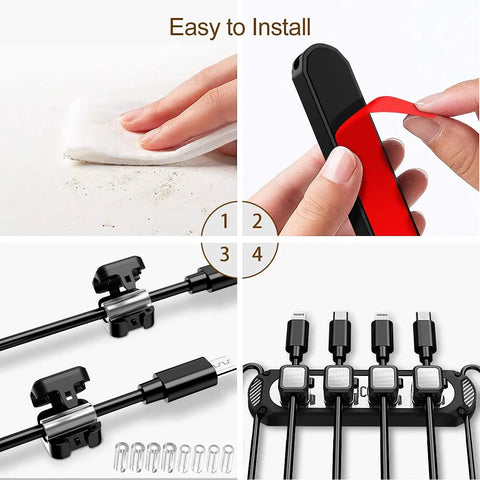 Image showing installation and use of Magnetic Cable Holder Six Slot Cable Clips For Under Desk Self Adhesive Wire Organizer Black.