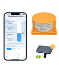 WiFi Water Level Sensor For Tanks With No Fuss Remote Smart Life App Alerts, Multi Tank Monitor Up To 10 Sensors, Ultrasonic Range 10 Cm To 4 M, Oil And Water Tank Gauge, Auto Alarm, Solar Powered, Smart Home Ready shown with smartphone app display and solar panel.