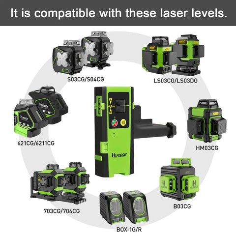 Laser Receiver For Green And Red Beams With Pulse Mode Only, 200 Ft Range, Three Sided LED Display with compatible laser levels.