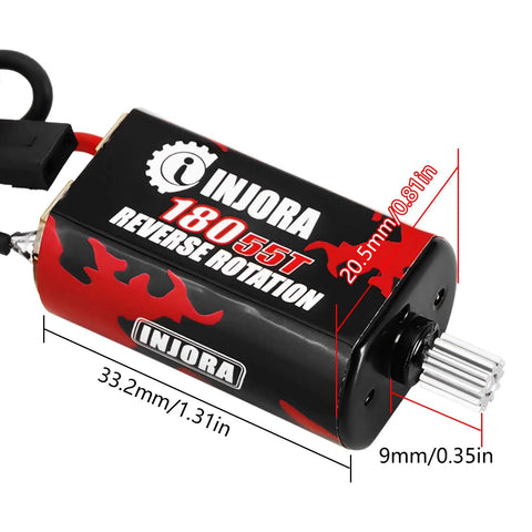 180 Brushed 55T RC Motor With Stainless Steel Pinion for TRX4M Crawler Upgrades, showing dimensions and reverse rotation label