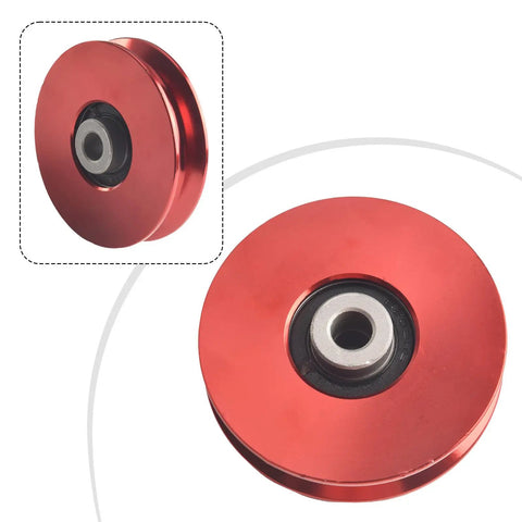 Smooth Action CNC Machined Aluminum Cable Pulley Wheel 75-114mm Red for Home Gym Fitness Gear with 6202RS Bearing, Abrasion-Resistant Roller for Cable Lifts and Strength Machines, red aluminum pulley close-up