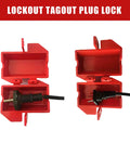 Lockout Tagout Kit For Forklifts And Electrical Plugs, Universal 110 And 220 Volt Lockout Devices showing two red plug locks