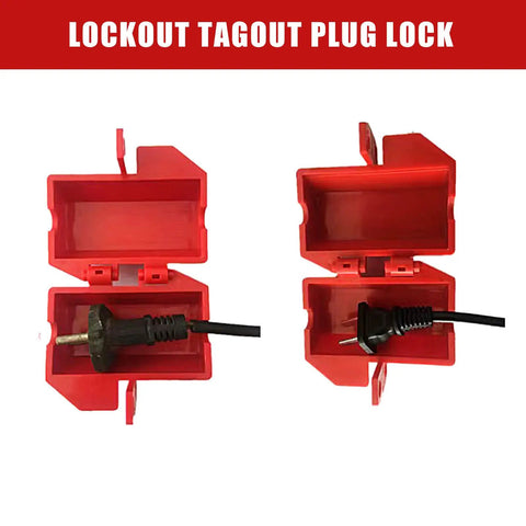 Lockout Tagout Kit For Forklifts And Electrical Plugs, Universal 110 And 220 Volt Lockout Devices showing two red plug locks