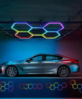Lit RGB Hexagon Garage Light Kit With 5 Panels, 25 Pack Color Changing LED Lights in garage, installed above car