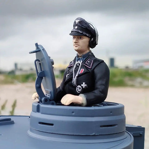 One Sixteenth Scale RC Tank Soldier Figure with Large Brim Helmet in StuG III F8 Assault Tank Model