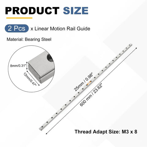 600mm MGN12 Linear Rail Guide Set, Two Pack Bearing Steel Motion Guide for 3D Printers with dimension details