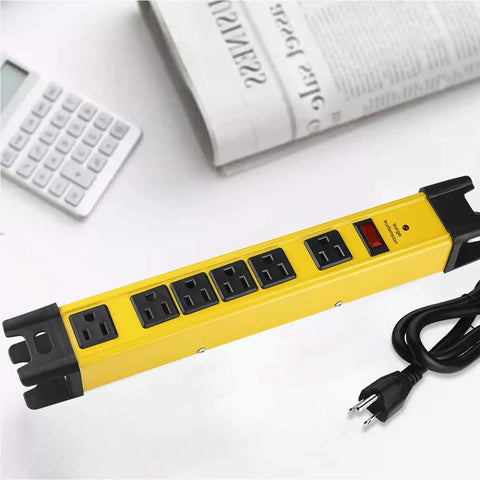 Heavy Duty 6 Outlet Power Strip Surge Protector With 15A 125V 6Ft Extension Cord Industrial Grade Metal Housing 1200 Joules ETL Listed Rugged Shop Garage Workshop Outlet Strip In Bright Yellow