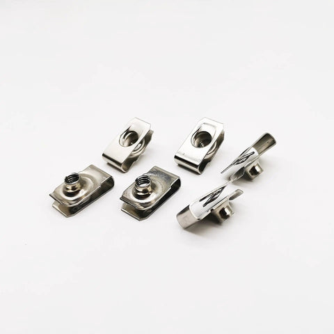 Thirty Pack 1/4 20 Stainless Steel Clip On U Nuts Heavy Duty Panel Fasteners close-up view showing shiny metal finish and thread grip.