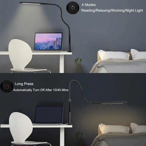 Flexible Gooseneck Swing Arm Desk Lamp with 12W Eye Care LEDs, displaying stepless dimming on a home office desk.