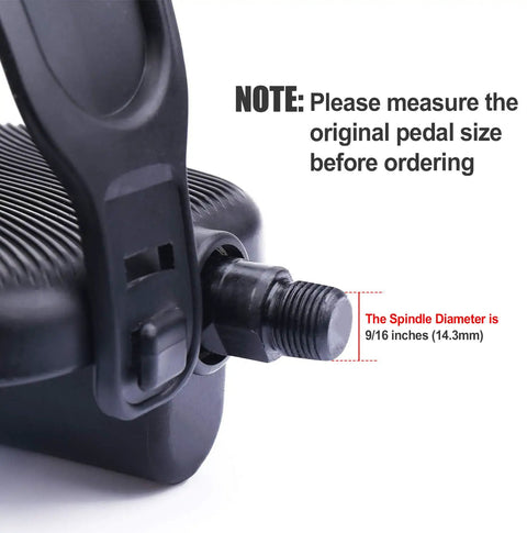 Close-up of Replacement Bike Pedals For Recumbent And Spinning Bikes 9 16 Inch Spindle Easy Install with black plastic and metal components.