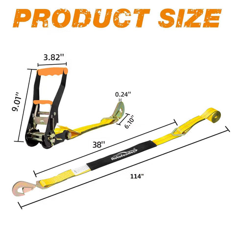 Dimensions of Heavy Duty Car Tie Down Straps Kit With Snap Hooks, 4 Pack, 2 Inch Wide By 114 Inch Long, Break Strength 10,000 Lbs