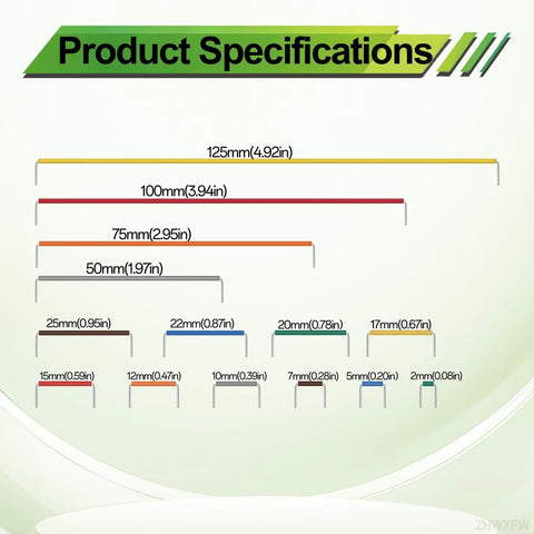 Product specifications for 840 Piece Breadboard Jumper Wire Kit with lengths from 2mm to 125mm for Arduino projects.