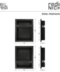 Quad Recessed Shower Shelf Niche With Four Inner Shelves, 32 Inch Wide By 20 Inch High By 4 Inch Deep, Black, Front and Side Views