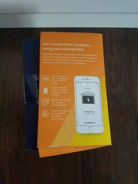 Box of MyQ Smart Garage Hub WiFi Enabled Garage Controller With Smartphone Control Universal Compatibility With Most Door Openers After 1993