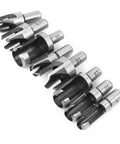 Heavy Duty High Carbon Steel Wood Plug Cutters 8 Piece Tapered Claw Drill Bits displaying tapered claw drill bits in varying sizes.