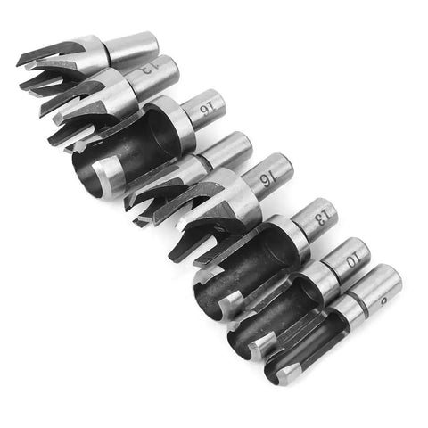 Heavy Duty High Carbon Steel Wood Plug Cutters 8 Piece Tapered Claw Drill Bits displaying tapered claw drill bits in varying sizes.