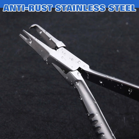 Top Tier Optical Repair Kit Featuring Hella Durable Stainless Steel Nose Pliers, showcasing anti-rust stainless steel with water droplets.