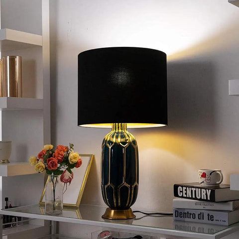 Assembly Required Fabric Drum Lampshade 13 By 13 By 10 Inches For Table Bedside And Floor Lamps With Spider Fitter Black Gold Finish